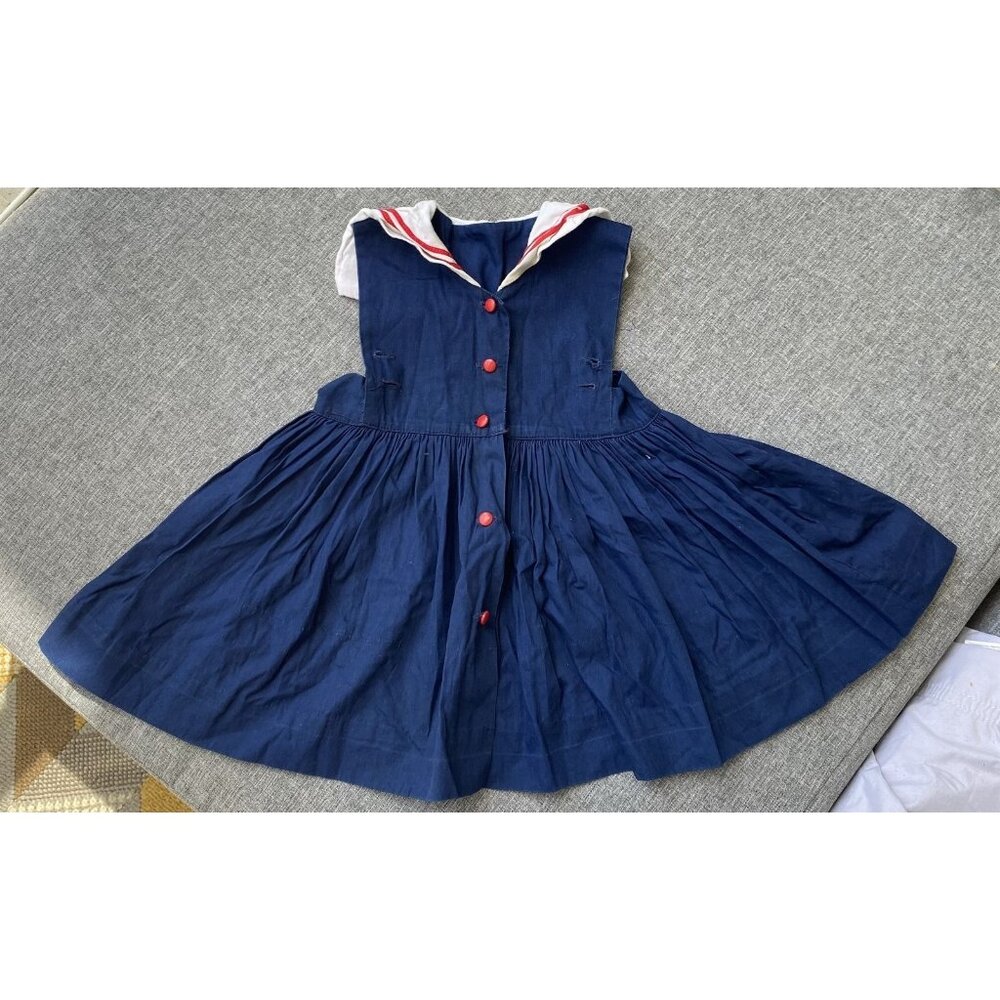 Vintage Toddler Girls Dress Navy Blue Sailor Nautical